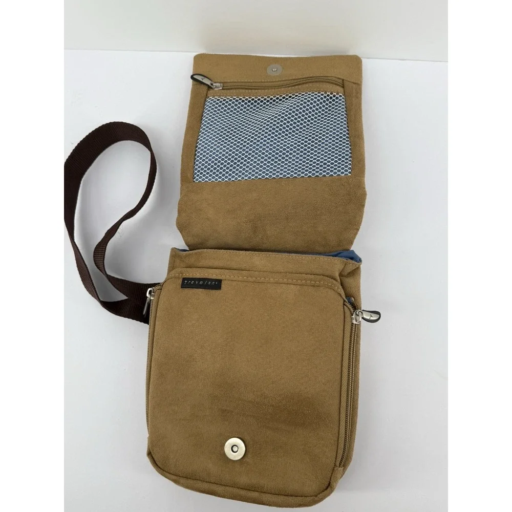 Travelon Anti-Theft Sling Bag Tan Faux Suede Crossbody Travel Shoulder Bag